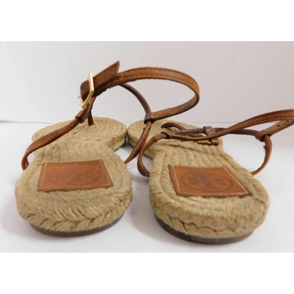 TORY BURCH Sandals Emmy Rafia Brown Leather Gold Logo Flat Thong Sandals 7B